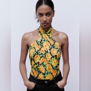 NWT Zara Women's Criss Cross Halter Bodysuit Yellow Black Floral Size Small